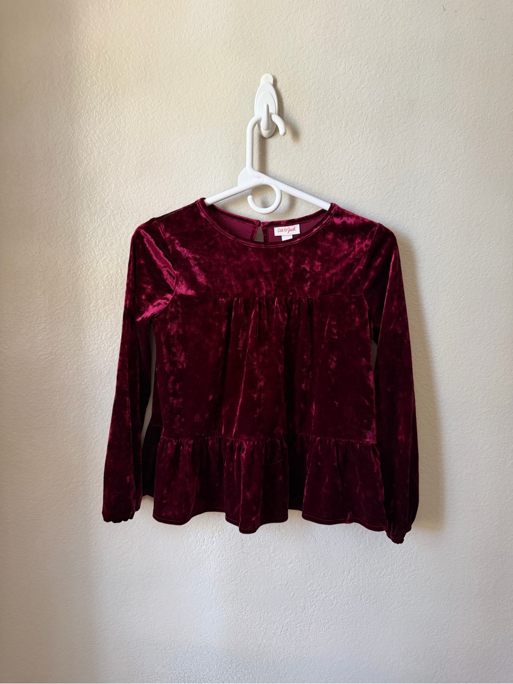 Cat & Jack Velvet Long Sleeve Peplum Top - Burgundy
